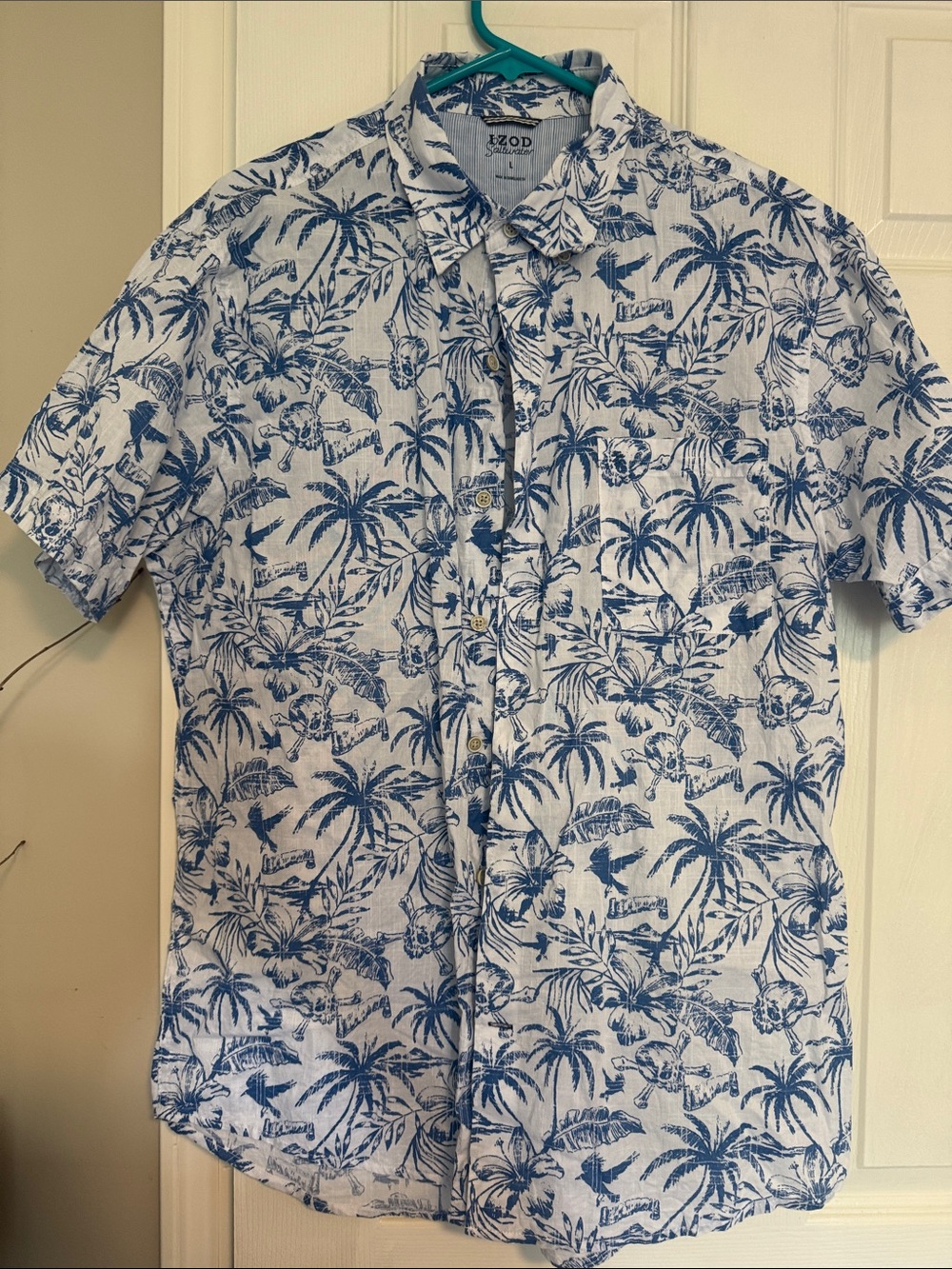 Izod White Short-Sleeve Button-Down with Blue Tropical Print